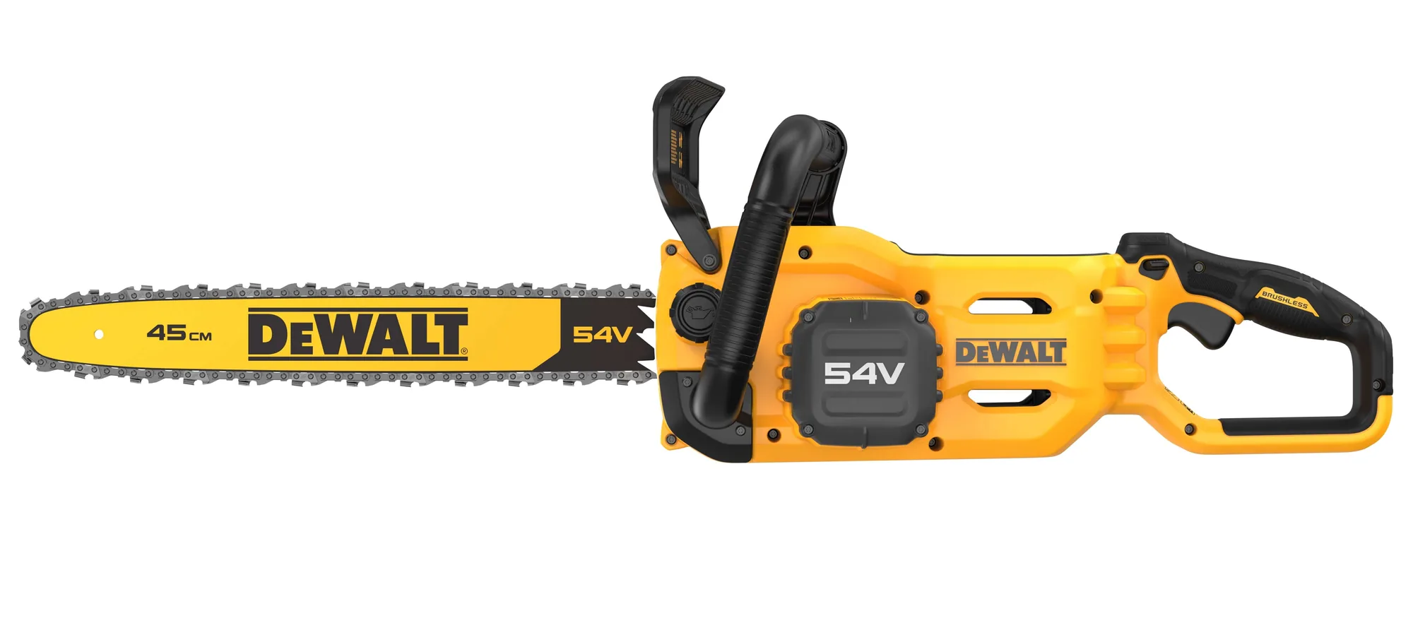 DeWalt DCMCS574N 54V XR FLEXVOLT Akku-Kettensäge mit 45-cm-Schwert, freigestellt