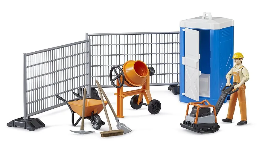 Bruder bworld Baustellenset mit Bauzaun, Betonmischer, Schubkarre, Mobiltoilette und Arbeiter-Figur, 1:16