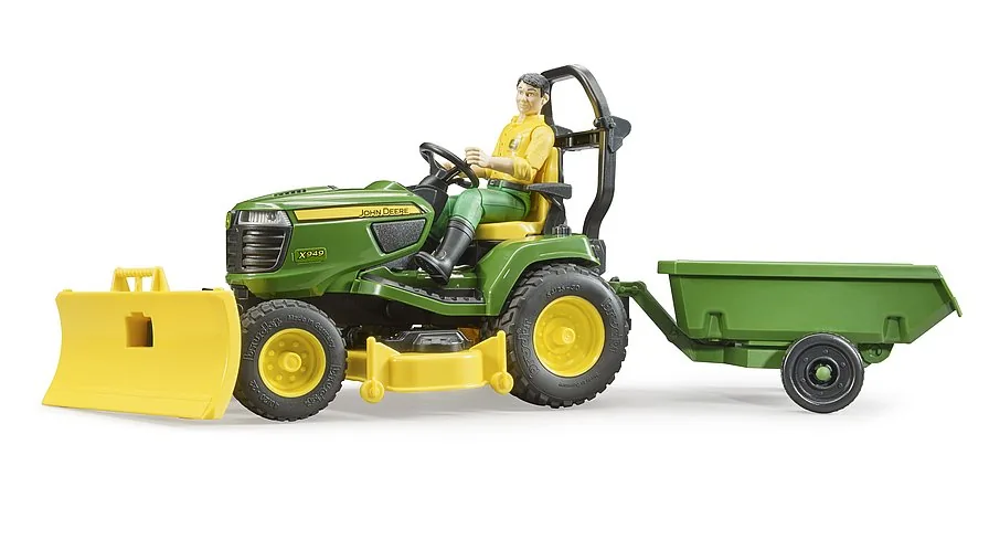 Bruder 62104 John Deere Rasentraktor X949 in Grün mit Frontschild, Anhänger und Gärtner-Figur, 1:16