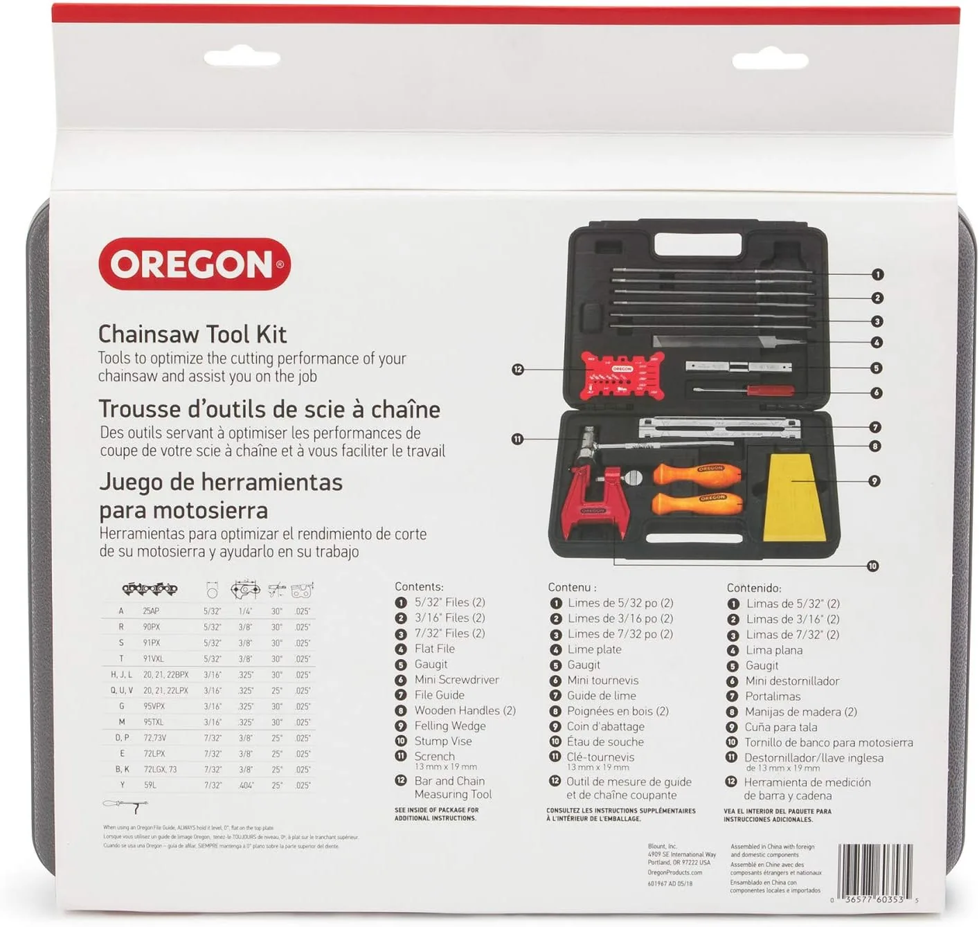 Oregon Motorsägen-Feilen-Set, Verpackungsrückseite mit Inhaltsangabe