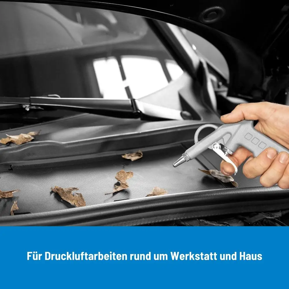 Güde Druckluft-Set Metall 5-teilig, Ausblaspistole im Einsatz am Auto, Infografik