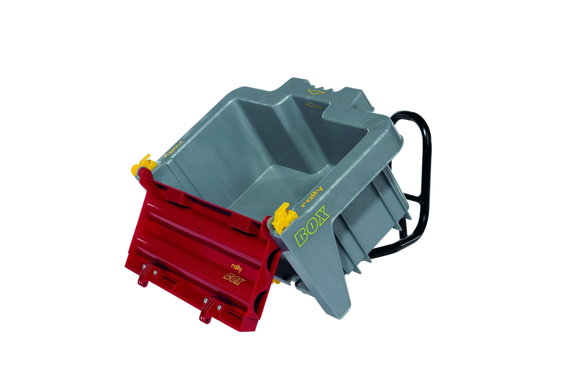 Grau-rote rollyBox 408948 Transportbox am Anhänger mit gekippter Mulde, freigestellt