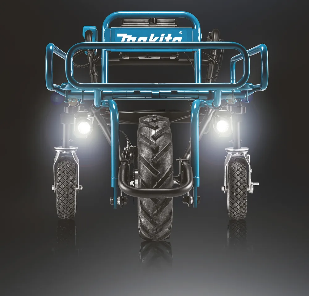 Makita DCU180Z Akku-Schubkarre mit LED-Scheinwerfern, Frontansicht