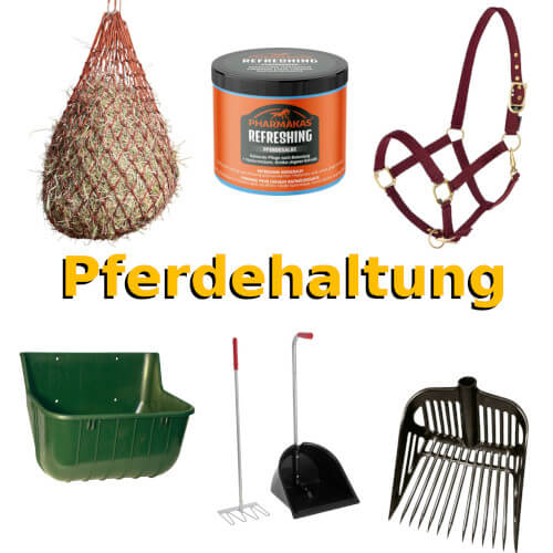Alles für die Pferdehaltung und Pferdepflege: Heunetze, Halfter, Futtertröge und Pflegeprodukte für gesunde Pferde.