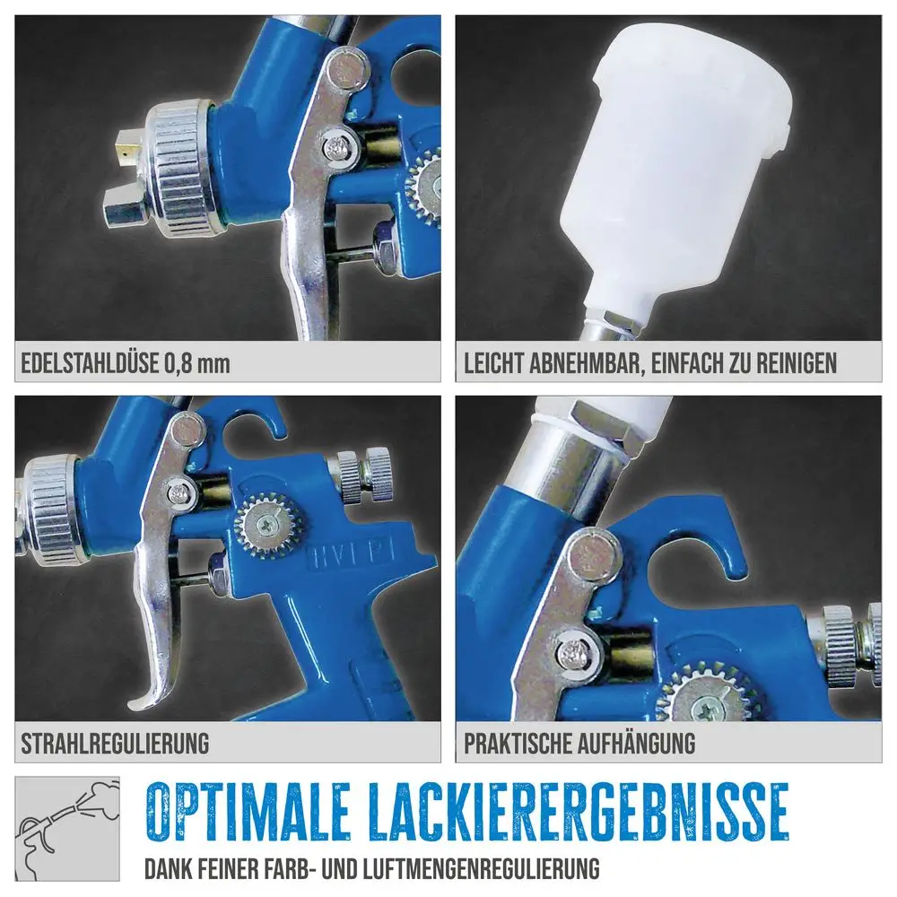 Güde Farbspritzpistole PROFI-M, Detail-Infografik (Edelstahldüse, Strahlregulierung, Aufhängung)