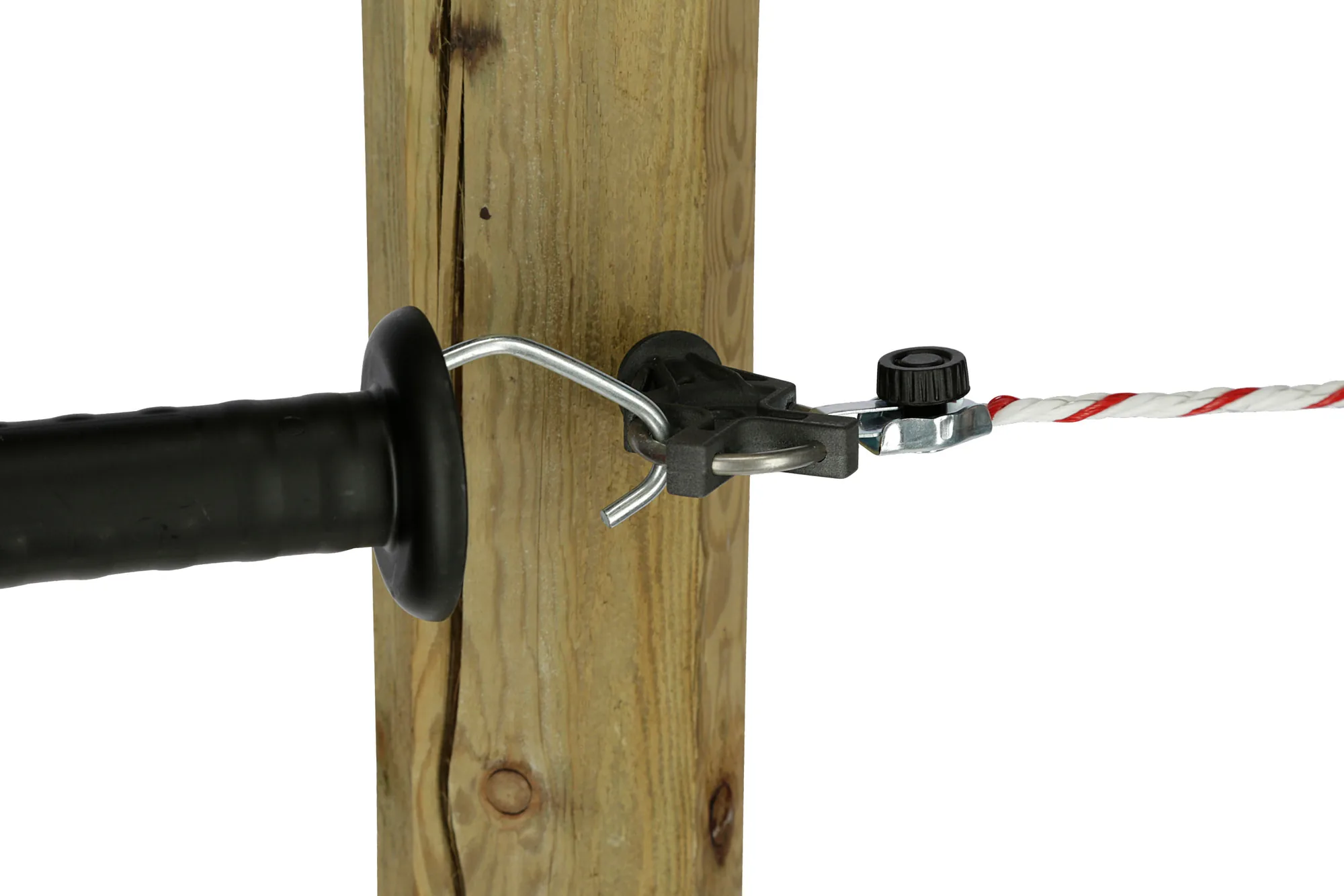 Kerbl Seilverbinder/Spannisolator am Holzpfosten mit weiß-rotem Seil und Torgriff-Haken