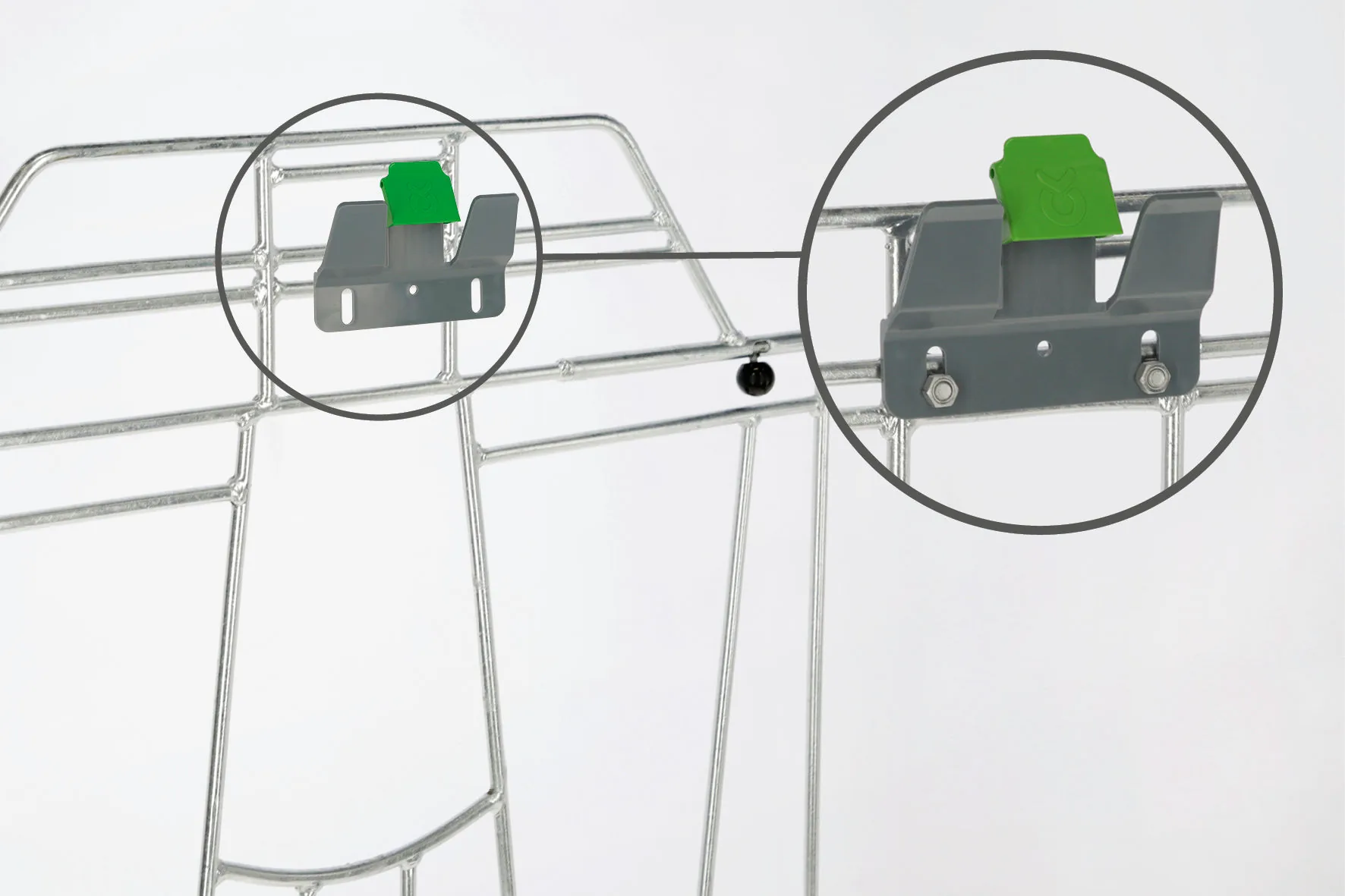 Detailgrafik des Bucket-Guard-Haltermechanismus am Gitter