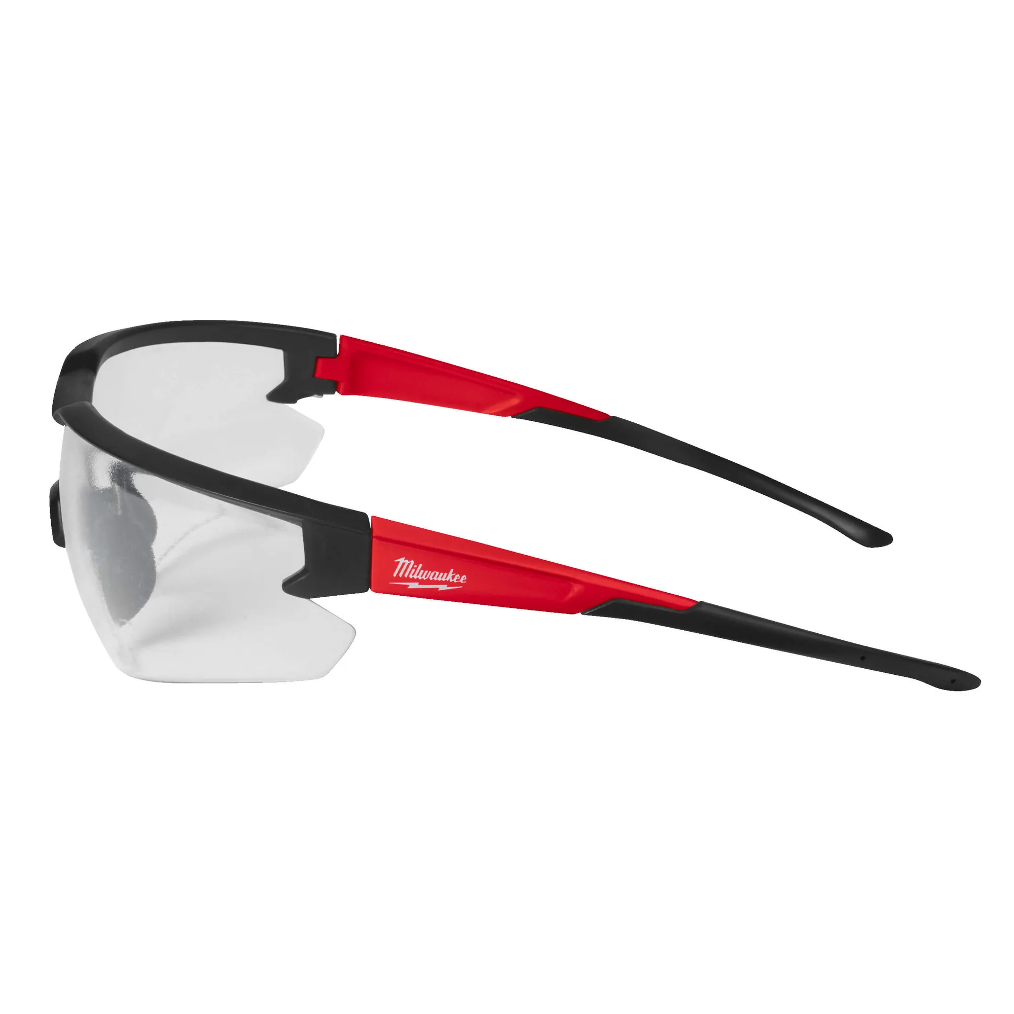 Milwaukee Schutzbrille mit klaren Gläsern und rot-schwarzen Bügeln