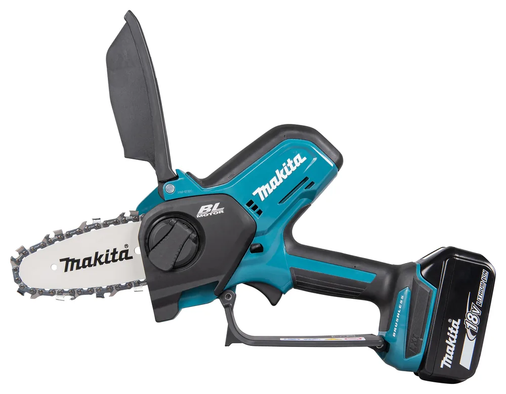 Makita DUC101 Akku-Astsäge mit hochgeklapptem Schutz, Seitenansicht