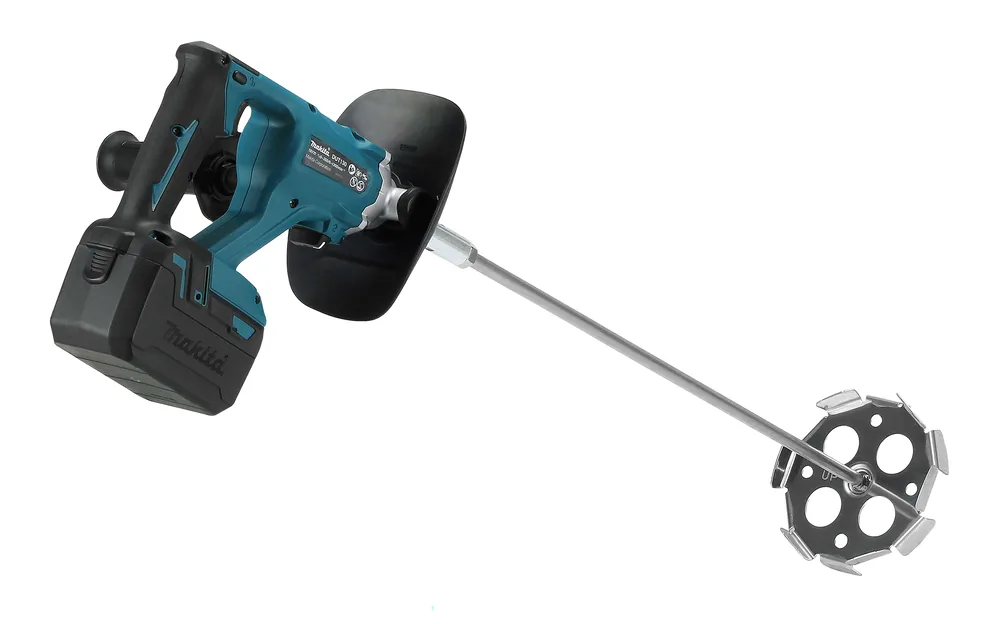 Makita DUT130Z Akku-Rührwerk schräg von hinten mit Rührkorb
