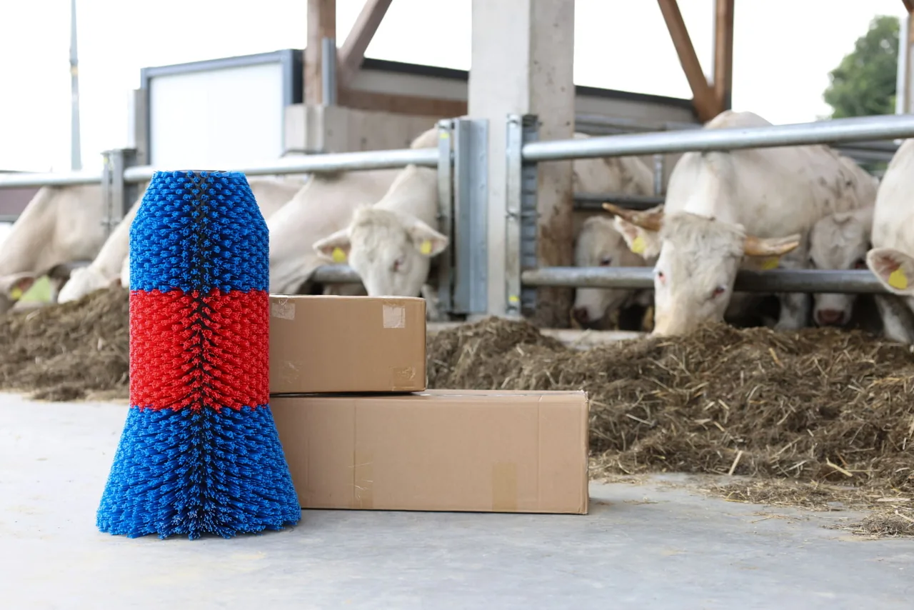 Kerbl HAPPYCOW FlexiSwing Vieh- und Kuhbürste blau-rot im Stall vor Rindern