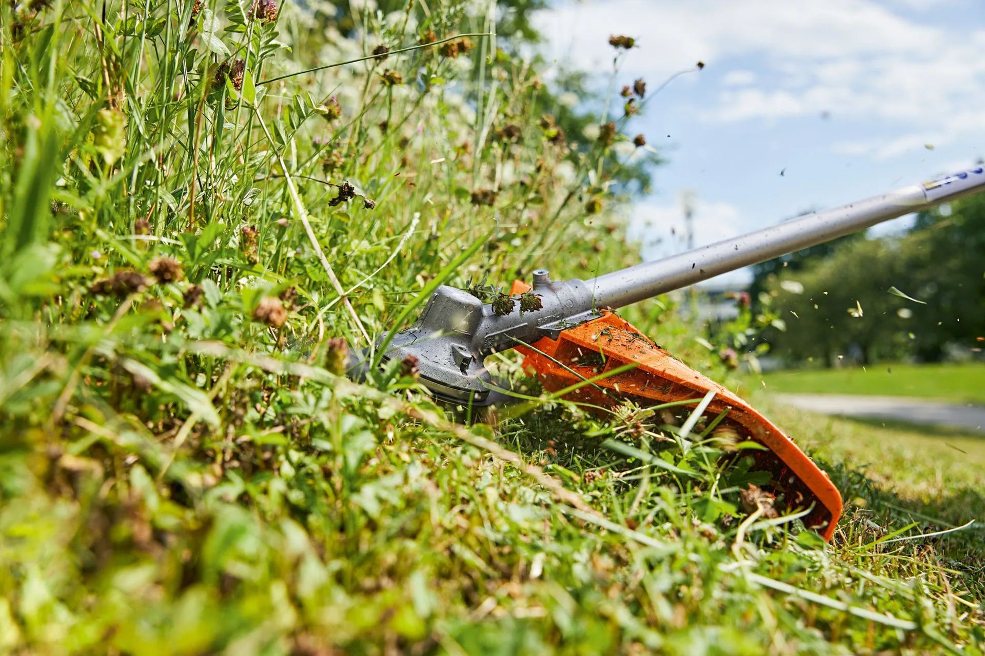 STIHL FSA 135 Akku-Motorsense, Detail des Mähkopfs im hohen Gras
