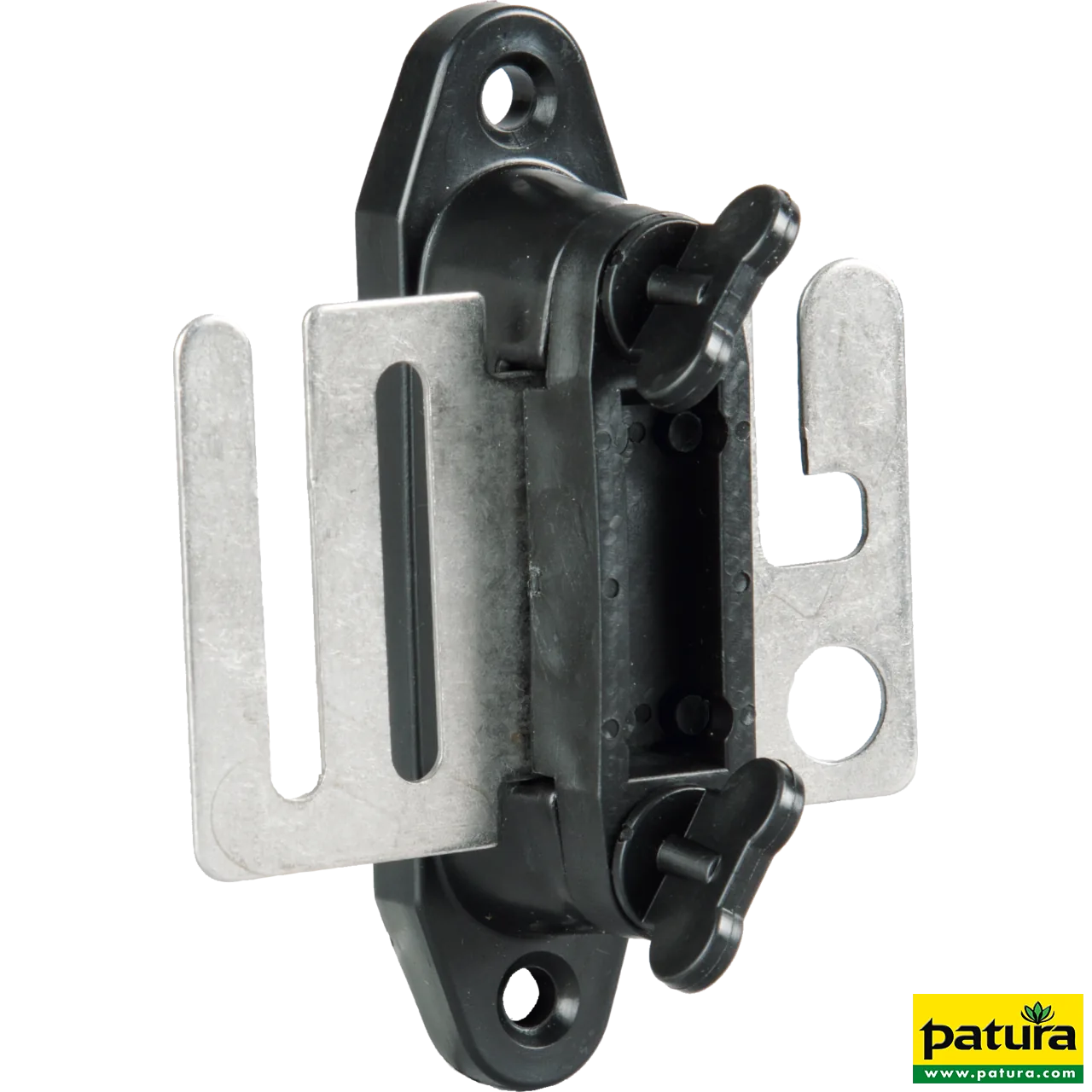 Patura Breitband-Torgriffisolator in Schwarz mit Edelstahl-Anschlussplatte für Weidezaunbänder