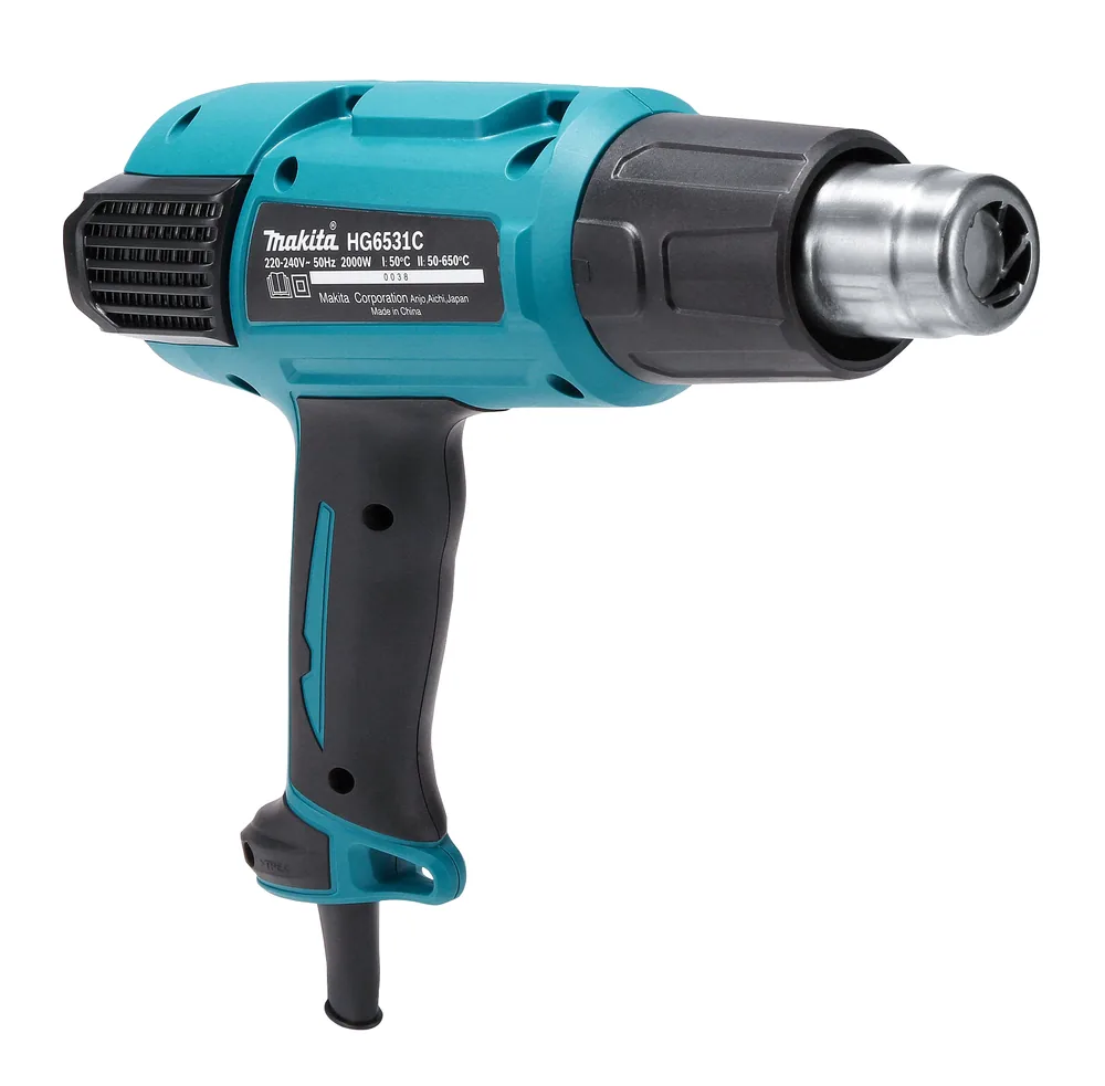 Makita HG6531CK Heißluftgebläse in der Seitenansicht von rechts mit Düse