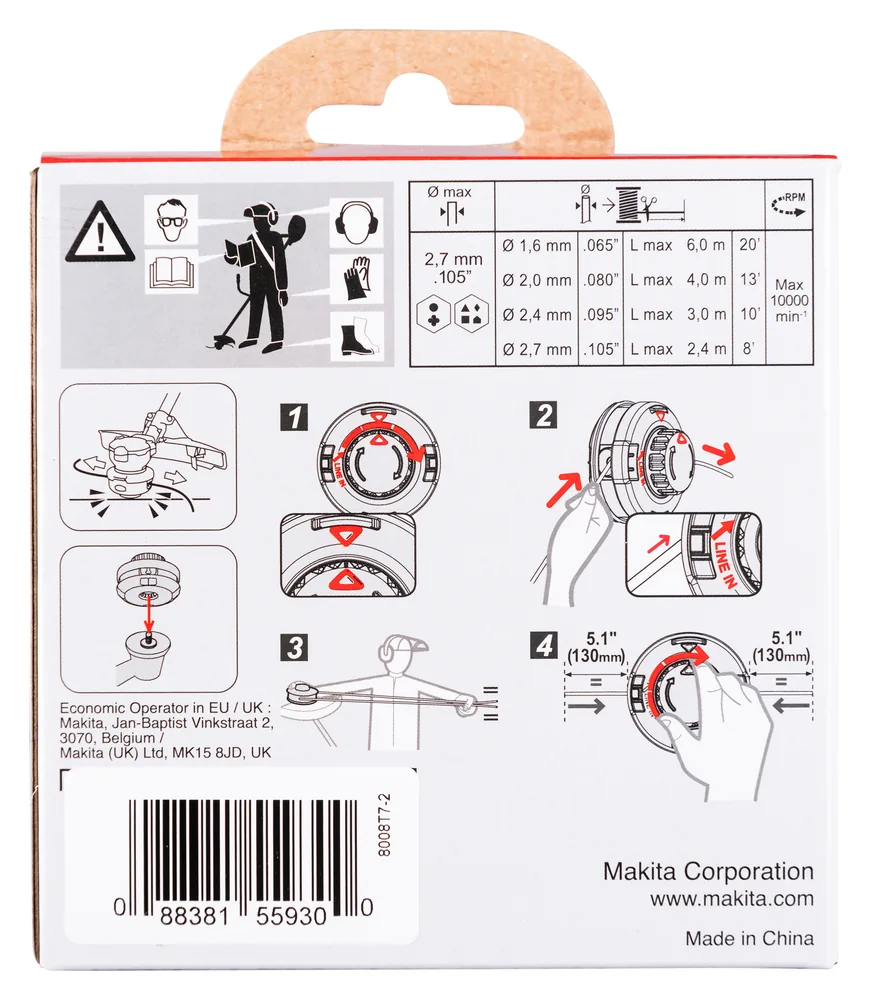 Verpackungsrückseite des Makita 191D92-5 Trimmerkopfs mit Montageanleitung