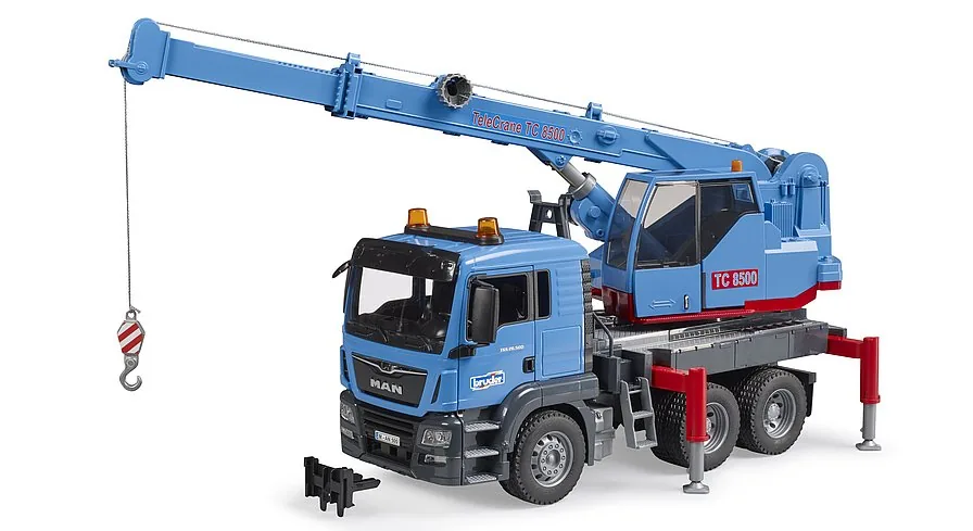 Bruder MAN TGS Kran-LKW in Blau mit Teleskopkran TC 8500, Baustellenfahrzeug 1:16