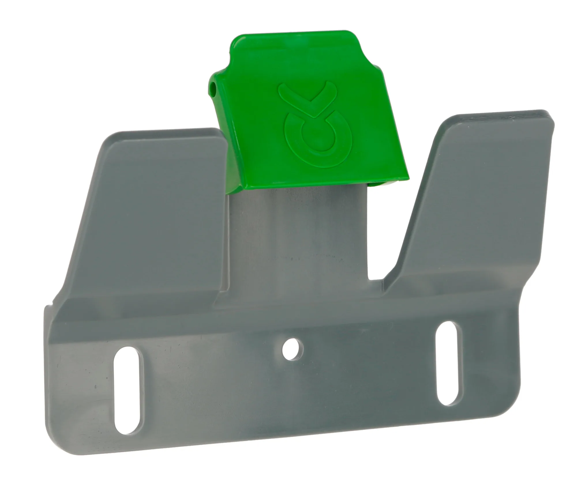Kerbl Eimerhalter mit Auswurfsicherung und grünem Bucket Guard, graue Halterung
