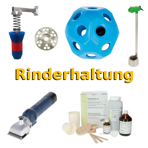 Alles für die Rinderhaltung: Auswahl an Tränken, Kälberfutter, Schermaschinen und Zubehör für den Rinderstall.