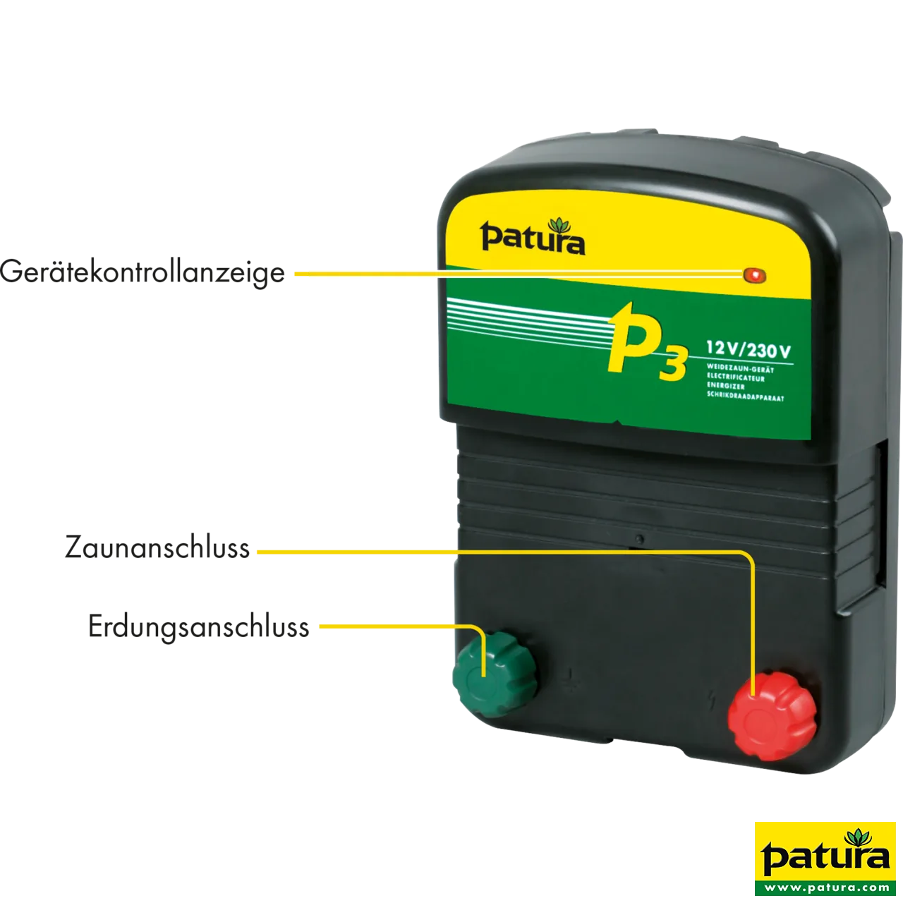 Patura P3 Weidezaun-Kombigerät 230 V und 12 V mit beschrifteten Anschlüssen