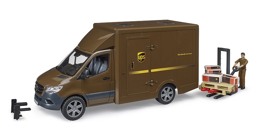 BRUDER Mercedes-Benz Sprinter UPS mit Fahrer und Zubehör – Authentisches Lieferfahrzeug im Maßstab 1:16