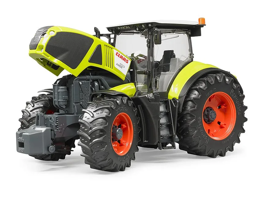 Heckansicht mit offener Motorhaube: Blick auf den Motorblock des Claas Axion Spielzeugs
