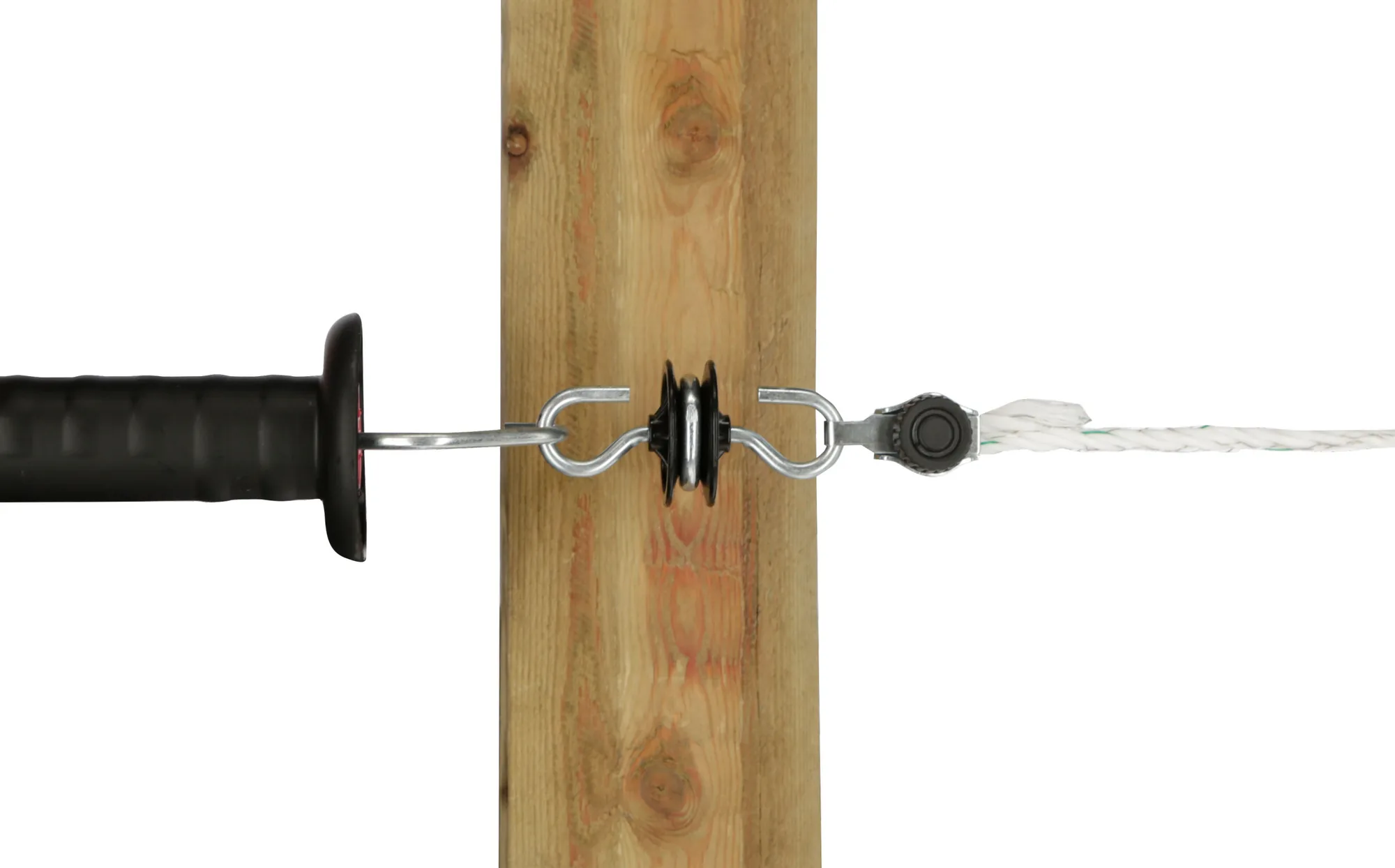 Schwarzer Torgriff-Isolator am Pfosten mit eingehängter Litze, Anwendung