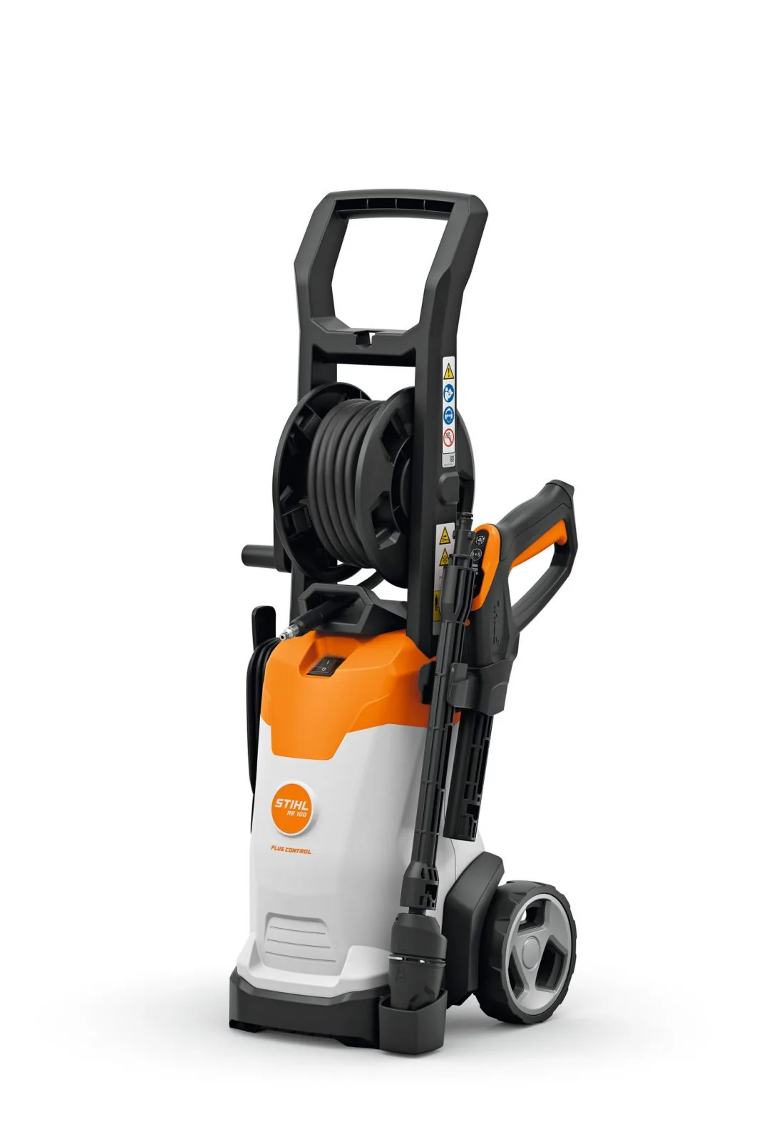 STIHL RE 100 PLUS Control Hochdruckreiniger in Weiß-Orange mit Schlauchtrommel und LED-Kontrolle