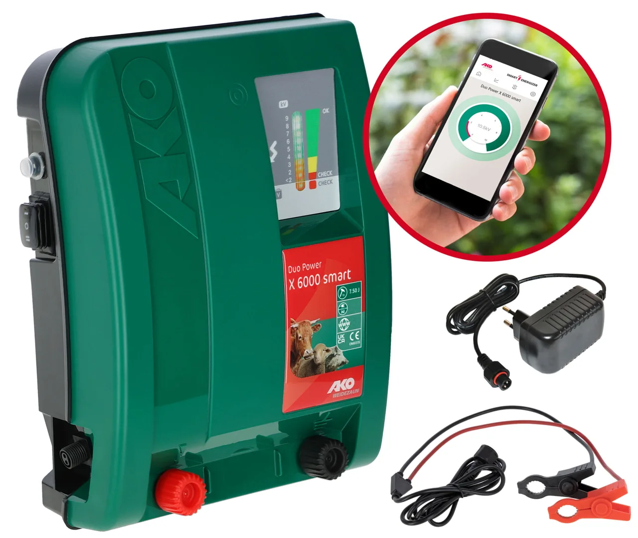 AKO Duo Power X 6000 smart Weidezaungerät in Grün mit App-Anbindung und Zubehör