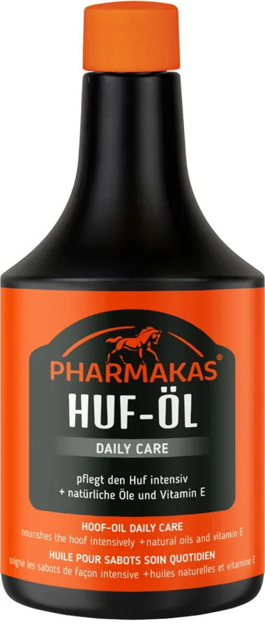 Pharmakas Huf-Öl Daily Care 500 ml in schwarz-oranger Flasche, Pflegeöl für Pferdehufe