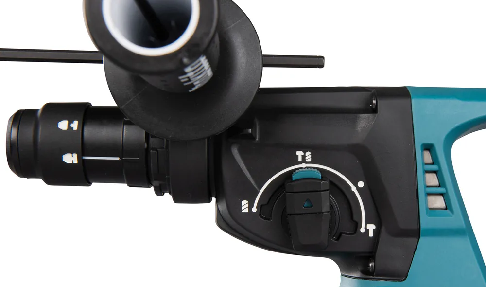 SDS-PLUS-Aufnahme und Funktionswahlschalter des Makita DHR243Z in der Detailaufnahme