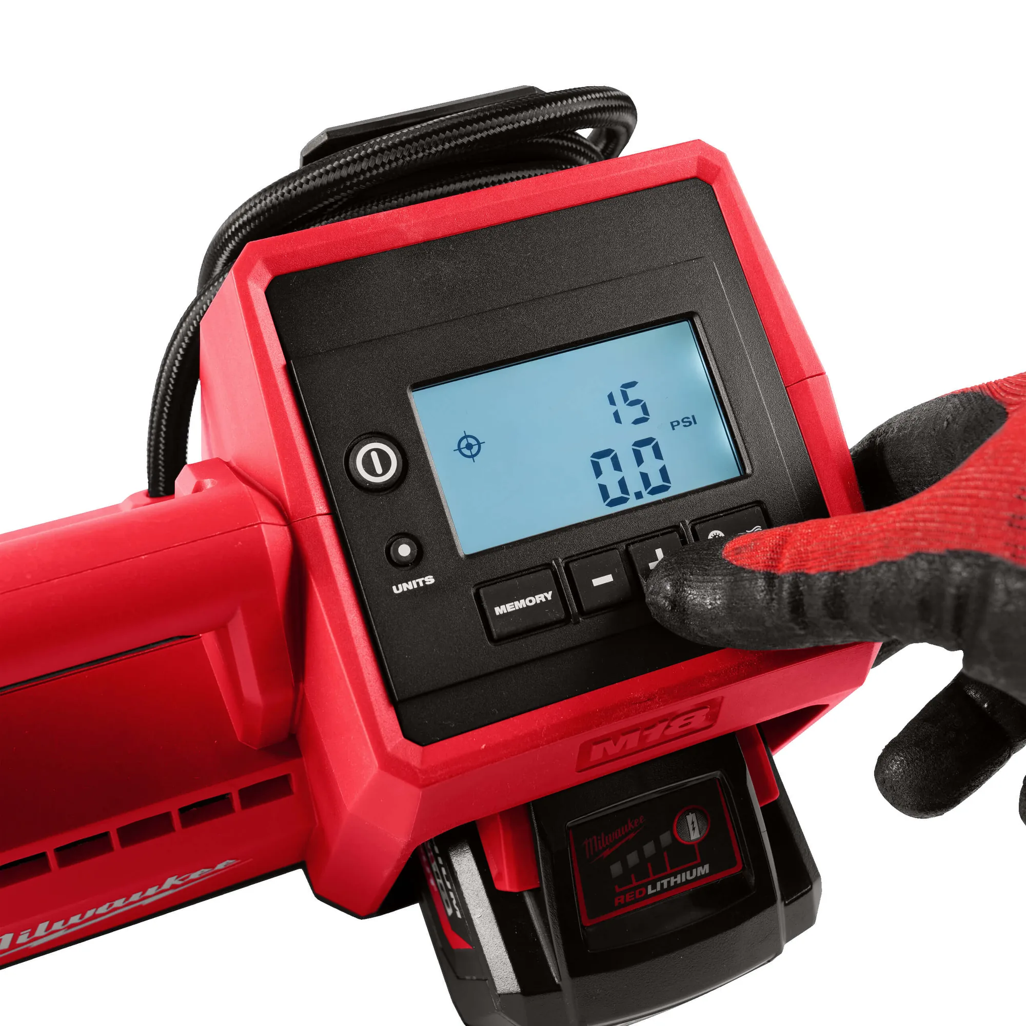 Bedienung der Druckanzeige am Milwaukee M18 BI-0 Kompressor