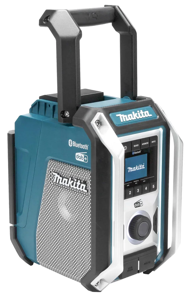 Makita DMR115 Akku-Baustellenradio mit Bedienfeld und Display, Frontansicht