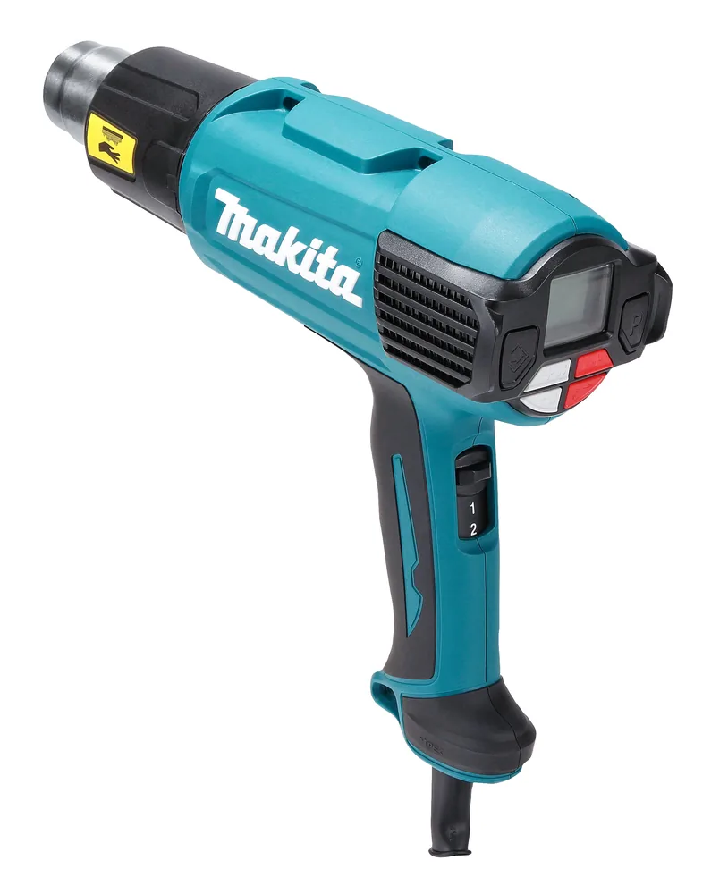 Makita HG6531CK Heißluftgebläse in der Seitenansicht mit Display und Bedienteil