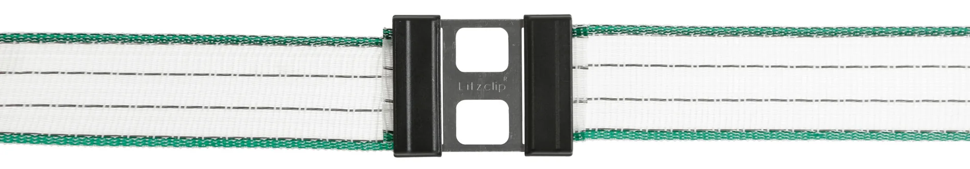 Weiß-grünes Zaunband mit Kerbl Litzclip-Bandverbinder 40 mm, Nahaufnahme