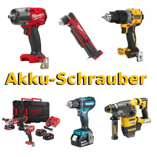 Leistungsstarke Akku-, Schlag- & Bohrschrauber und Bohrhammer von Marken wie DeWalt, Milwaukee und Makita.