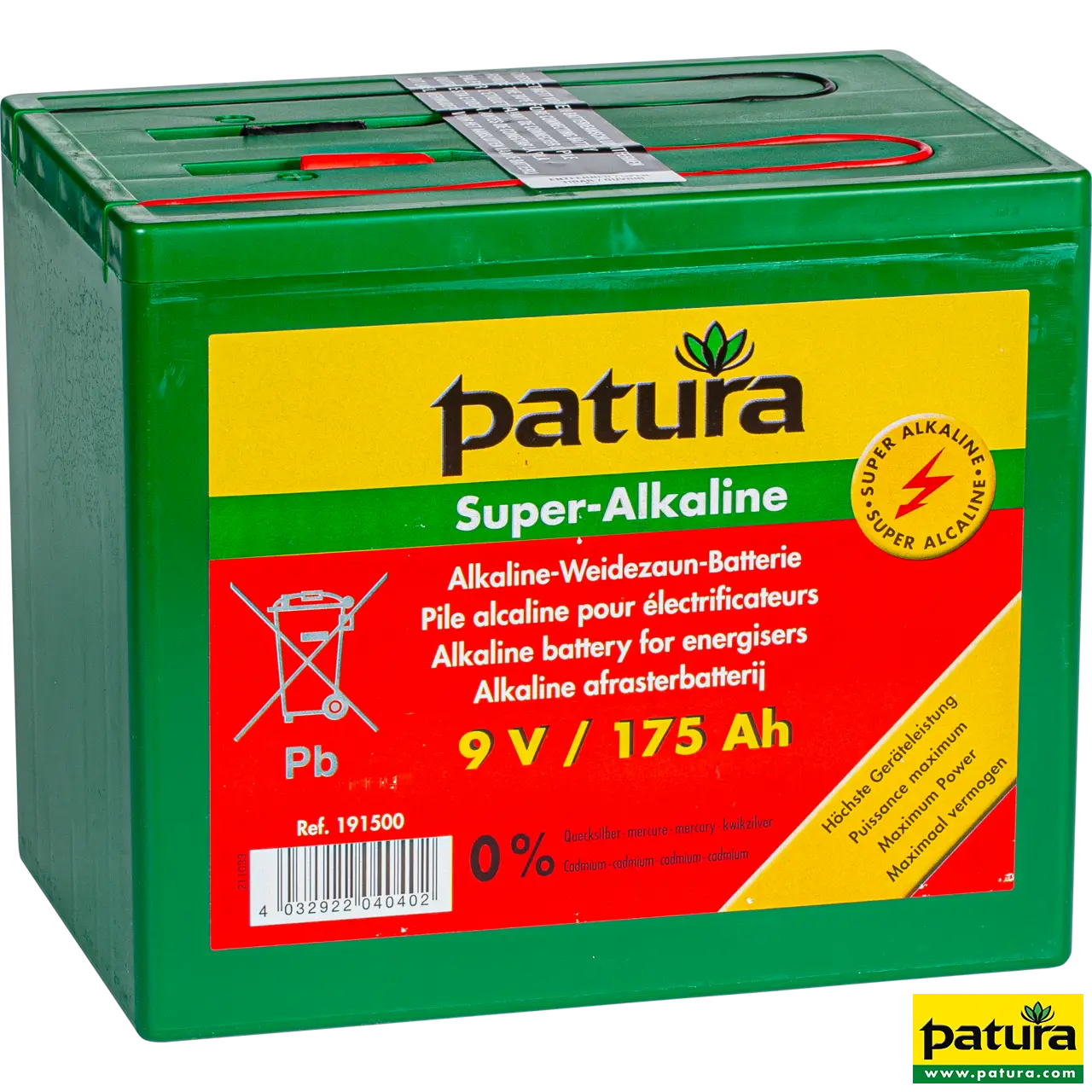 Patura Super-Alkaline Weidezaun-Batterie 9 V mit 175 Ah im grünen Gehäuse