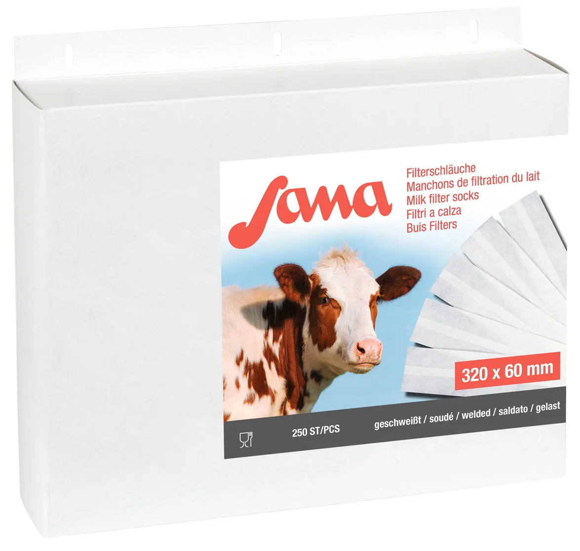 Produktkarton Sana Milchfilter 320 x 60 mm mit Kuh-Motiv, freigestellt