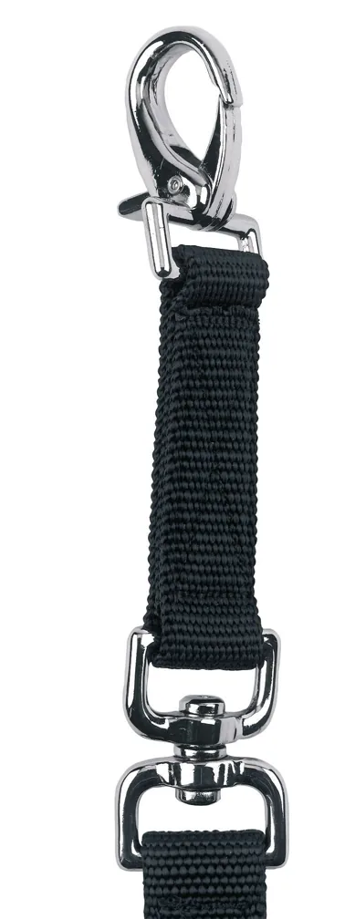 Detail der Fournial-Longierleine: schwarzes Gurtband mit Karabiner und Wirbel