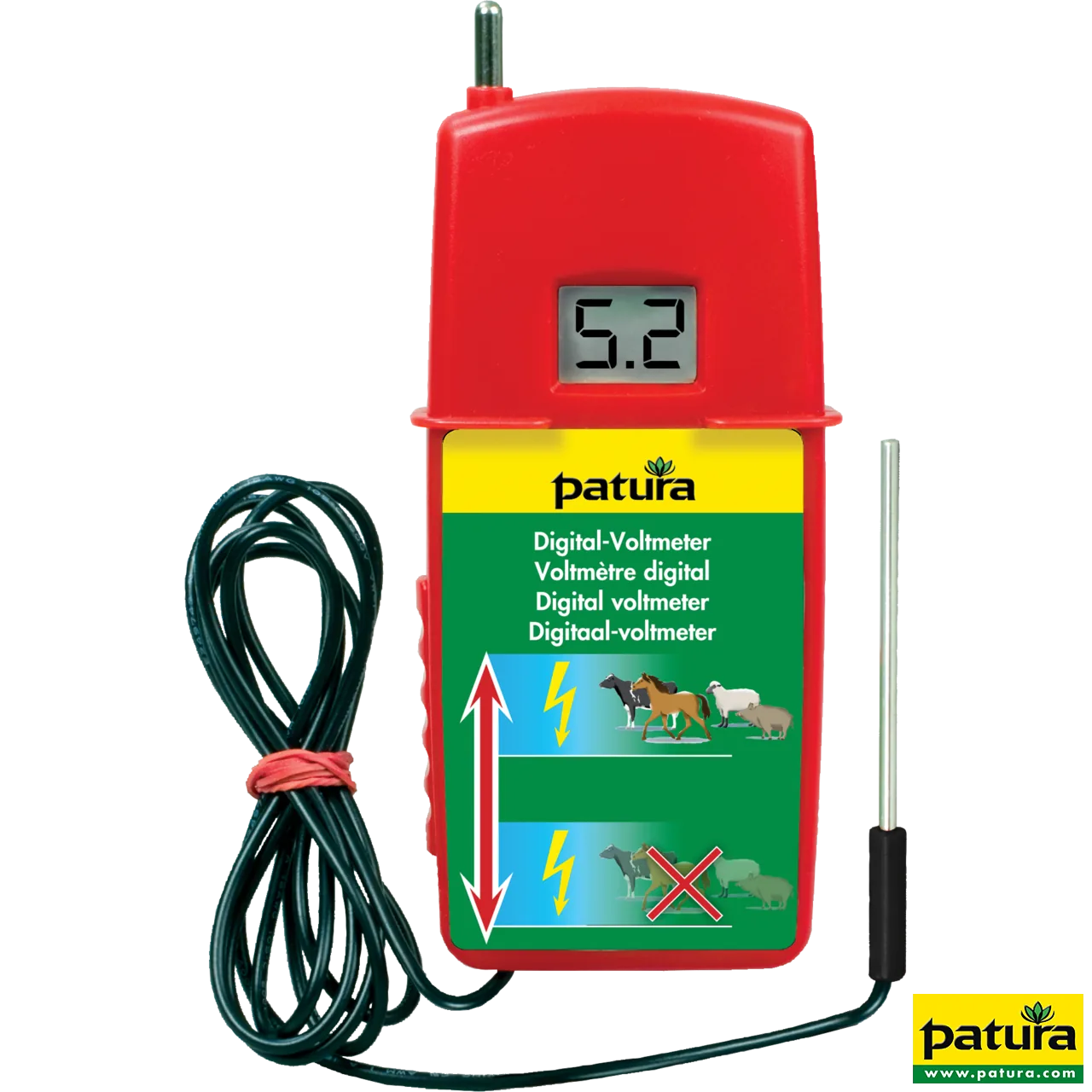 Patura Digital-Voltmeter in Rot mit Display und Belastungswiderstand für Elektrozäune
