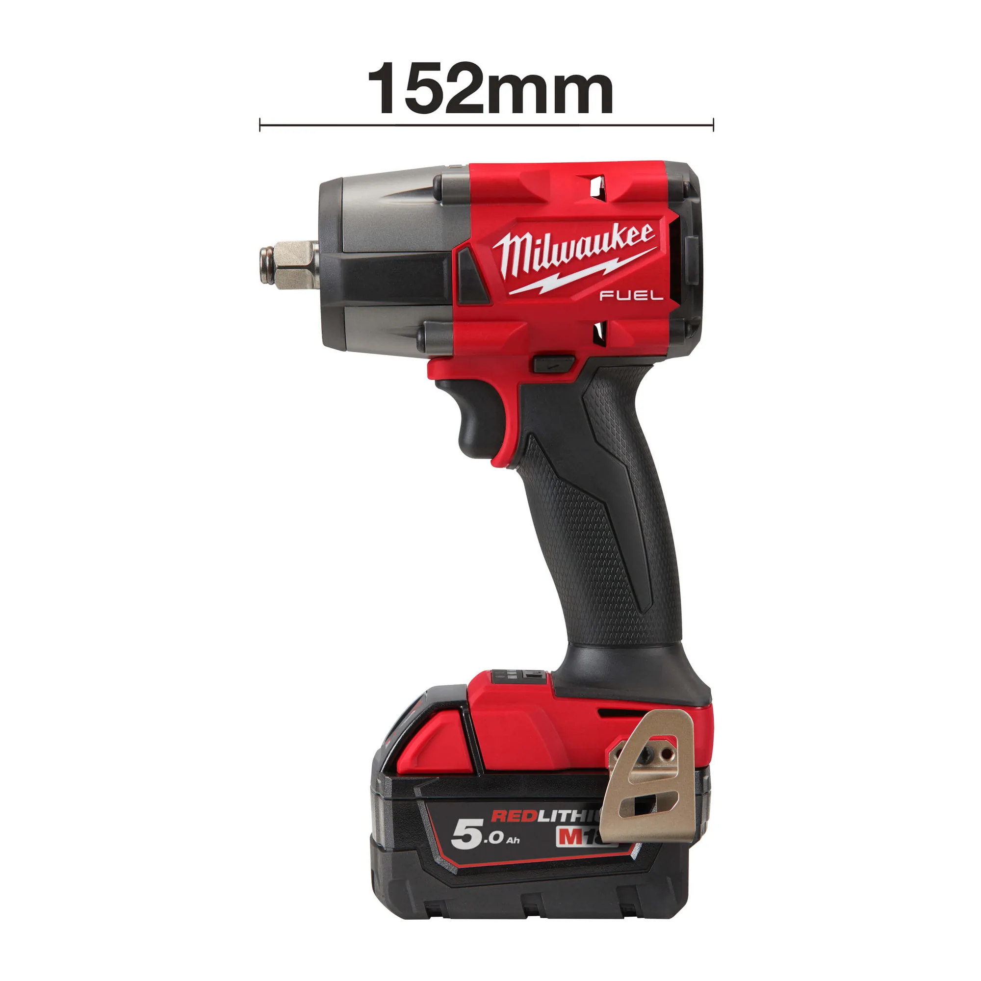 Milwaukee M18 FUEL Schlagschrauber mit Maßangabe 152 mm und 5,0 Ah Akku