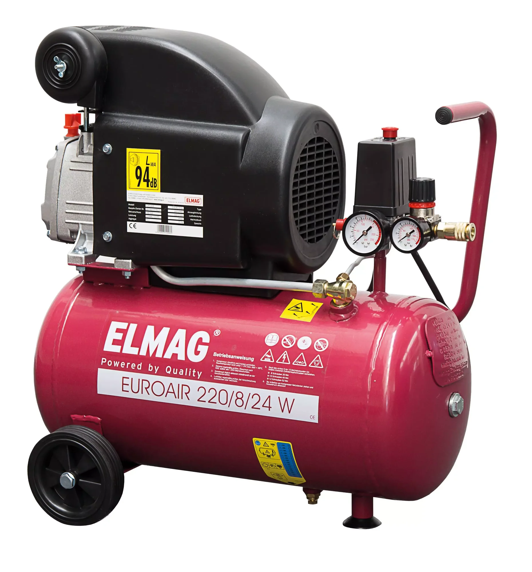 ELMAG Euroair 220/8/24 W Kompressor in Rot mit 24-Liter-Kessel und Rädern