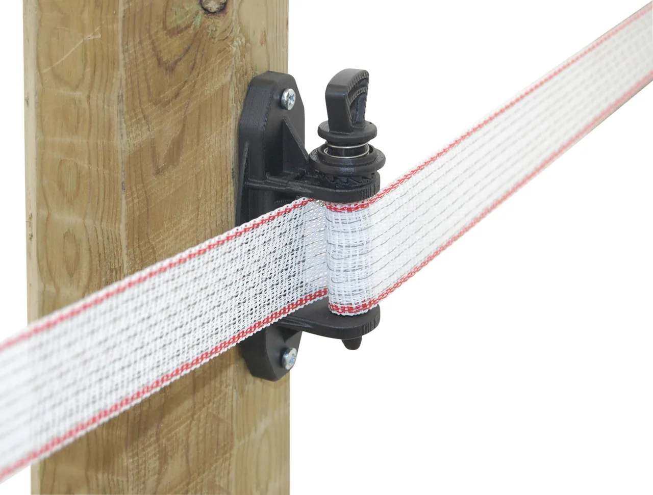 Kerbl Premium Multi Spannisolator am Holzpfosten mit gespanntem weiß-rotem Band