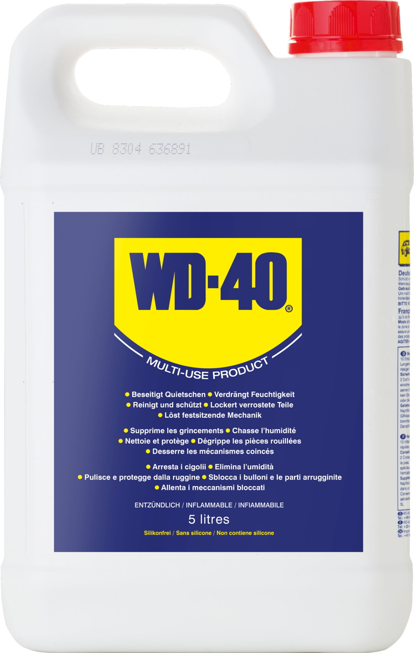 WD-40 Multifunktions-Kanister 5 Liter von Kerbl – Rostlöser,Schmiermittel und Korrosionsschutz für Landwirtschaft und Tierhaltung