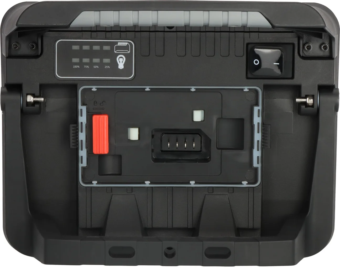 Brennenstuhl Multi Battery LED Baustrahler 3000 MA, geöffnetes Akkufach mit Adapter