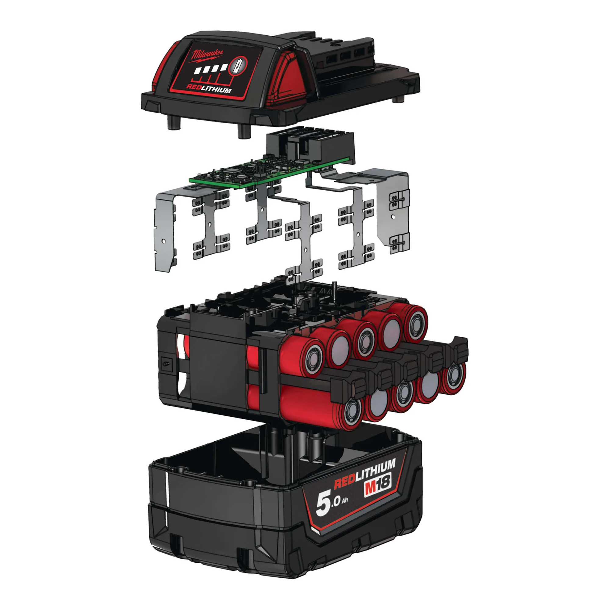 Explosionsdarstellung des Milwaukee M18 B5 Akkus mit Zellen und Elektronik