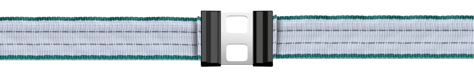 Weiß-grünes Zaunband mit Edelstahl-Litzclip-Bandverbinder, Nahaufnahme