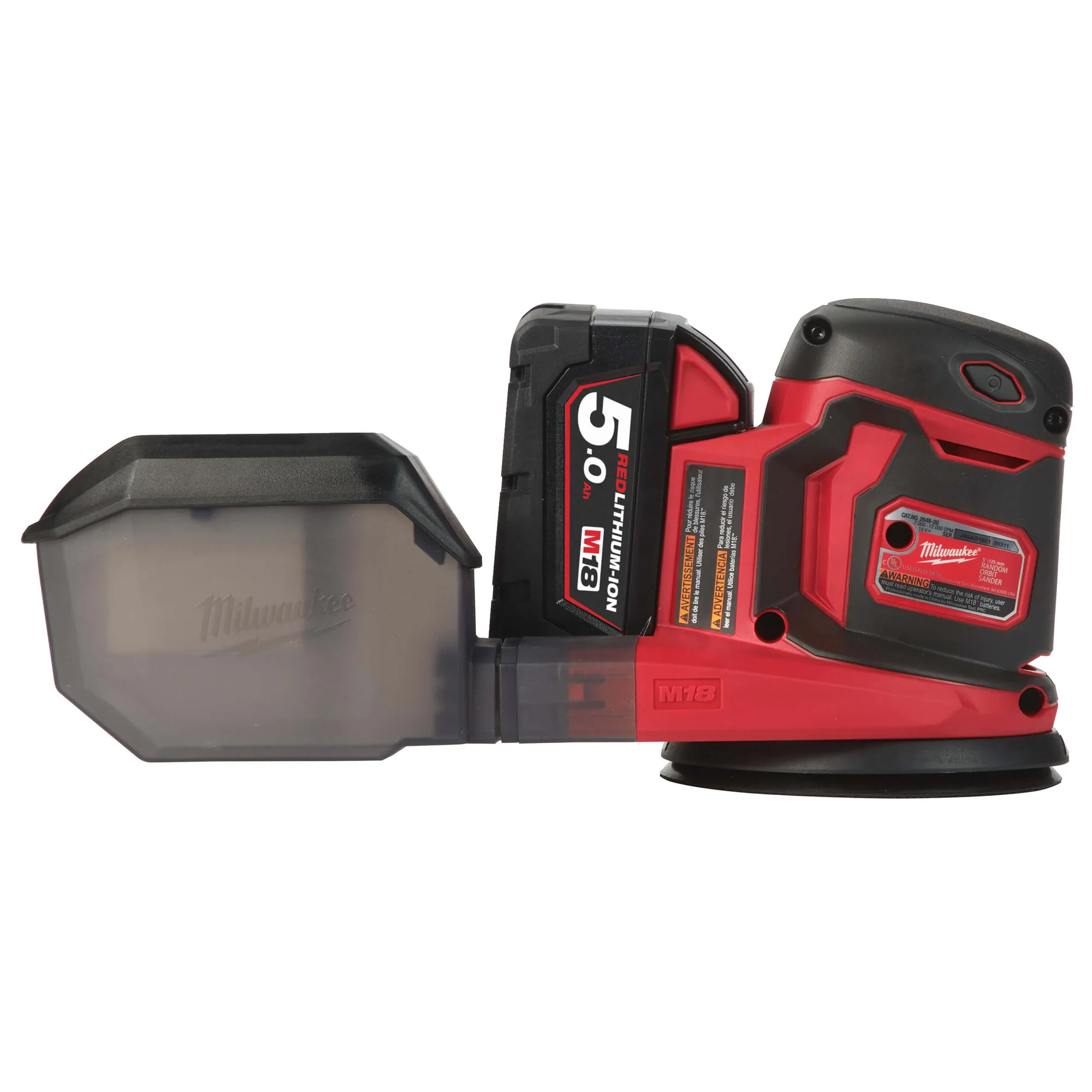 Milwaukee M18 BOS125 Exzenterschleifer mit transparentem Staubbehälter und Akku