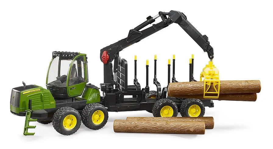 Bruder Forstanhänger mit Greifer, der einen Holzstamm aufnimmt