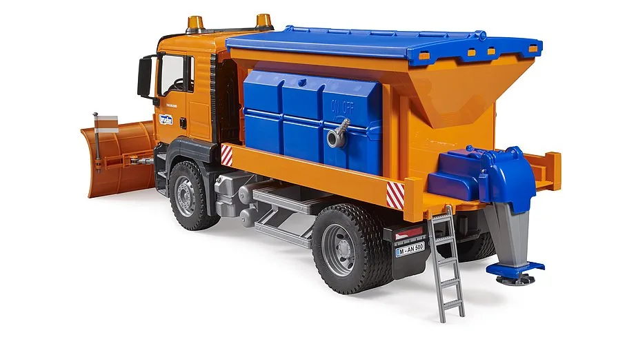 Detailansicht des Streuwerks am BRUDER Winterdienst-LKW mit Leiter und Streuteller