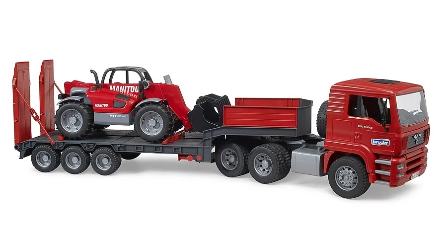Bruder MAN TGA Tieflader-LKW in Rot mit rotem Manitou Teleskoplader, Spielzeug im Maßstab 1:16